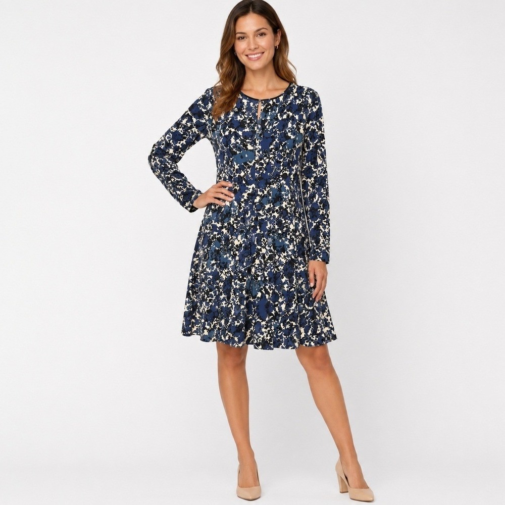 Simply Vera Wang Dress Womens Large L  Blue Floral Long Sleeve‎ Keyhole A-Line